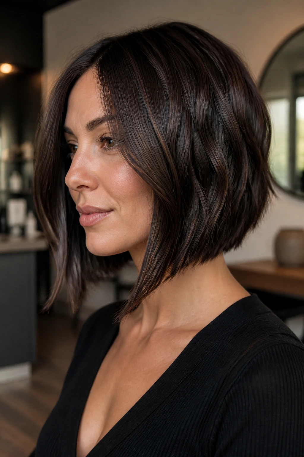Close-up of a real woman with a glossy espresso-brown inverted bob and a sharp angle