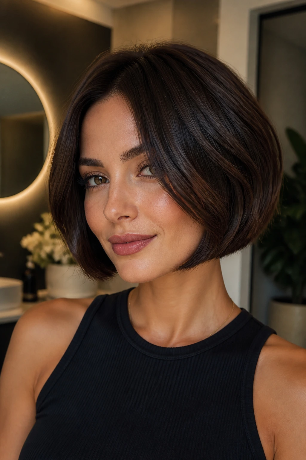 Portrait of a woman with razor-soft espresso inverted bob and tucked ends