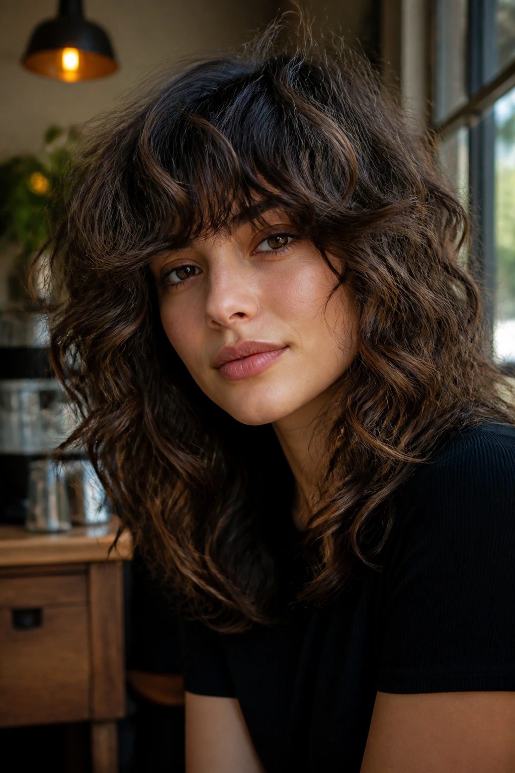 Real woman with heavy fringe shag and espresso lights.