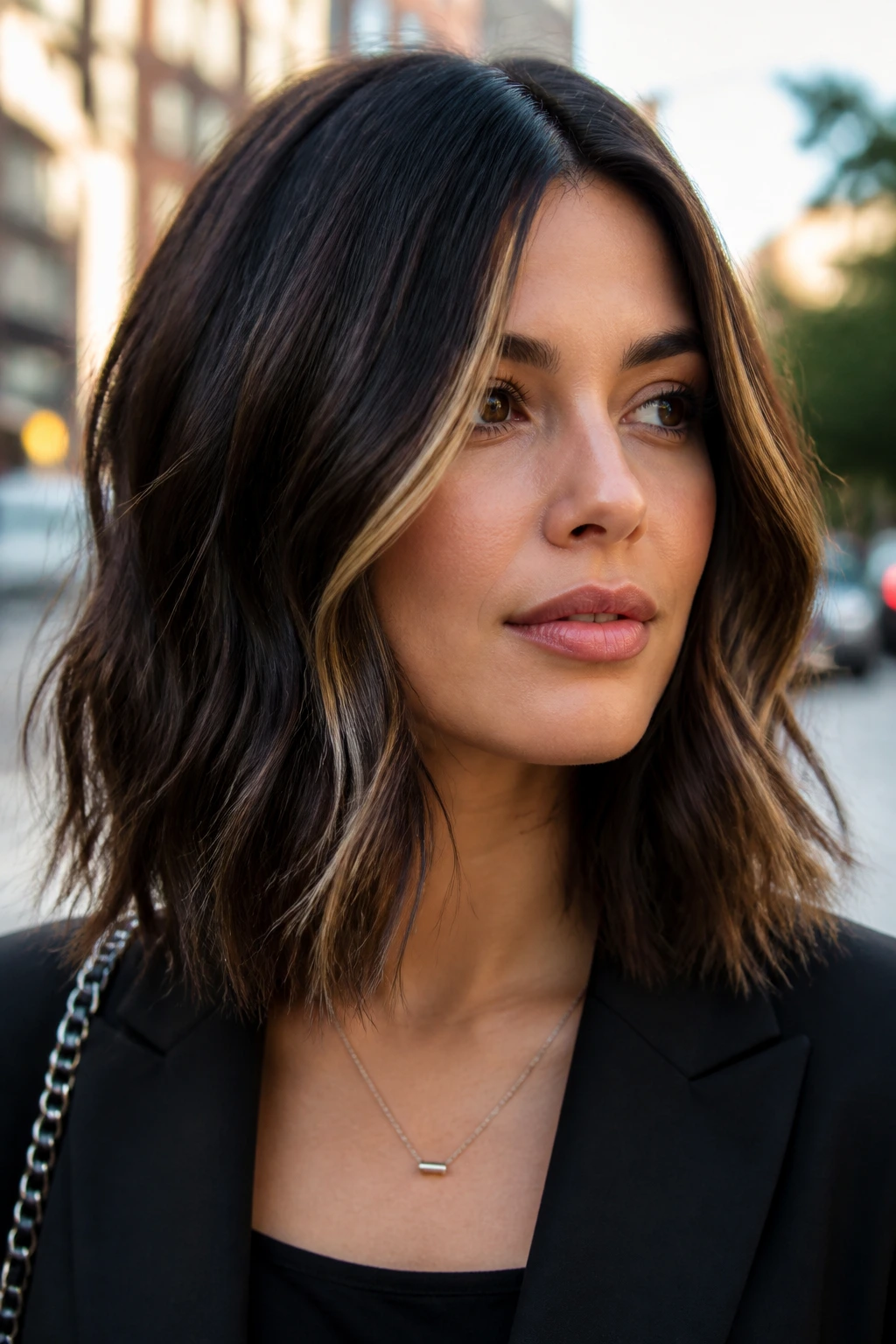 Close-up of a woman with espresso lob and beige strand framing
