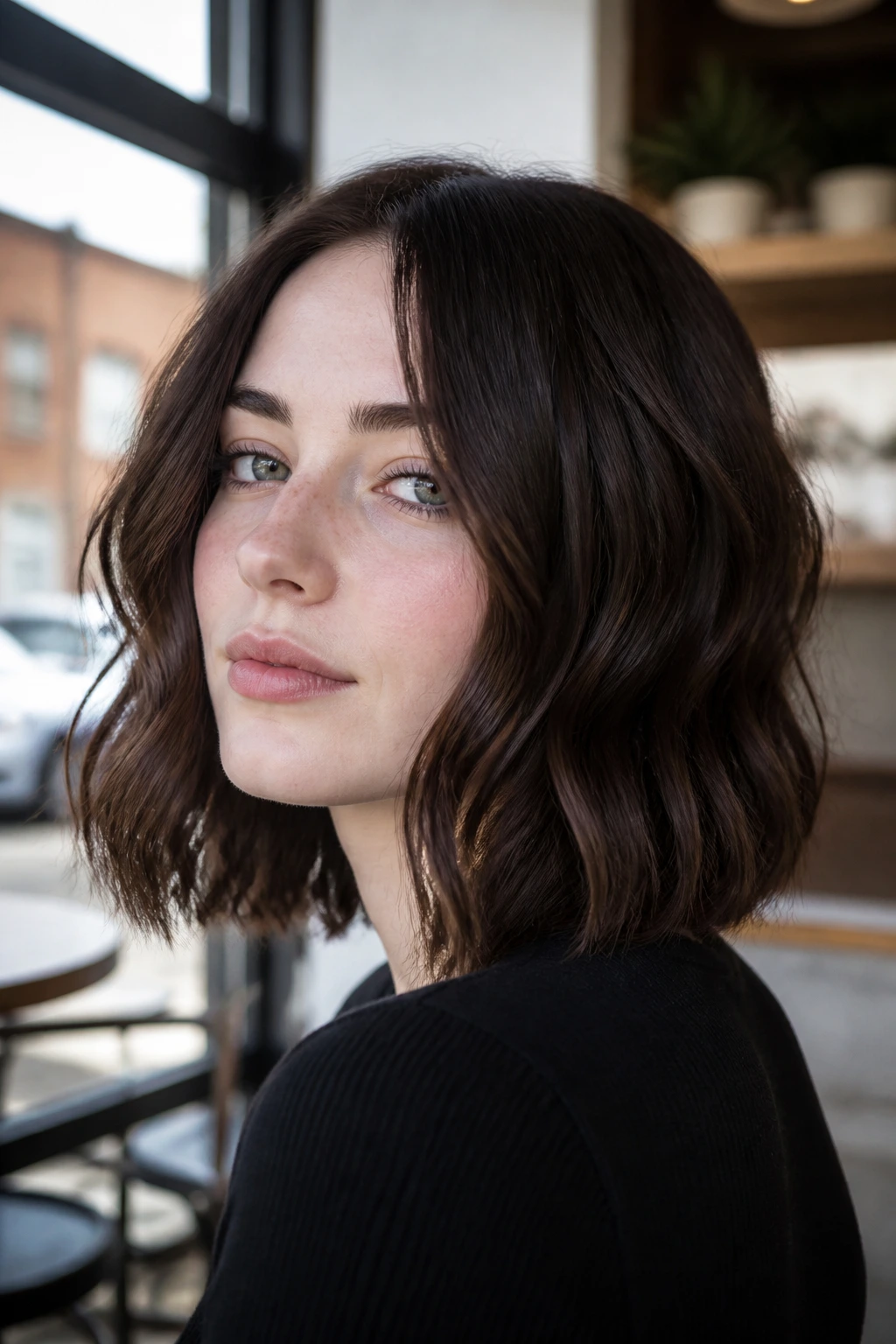 Close-up of a real woman with a collarbone-length espresso lob and broken waves