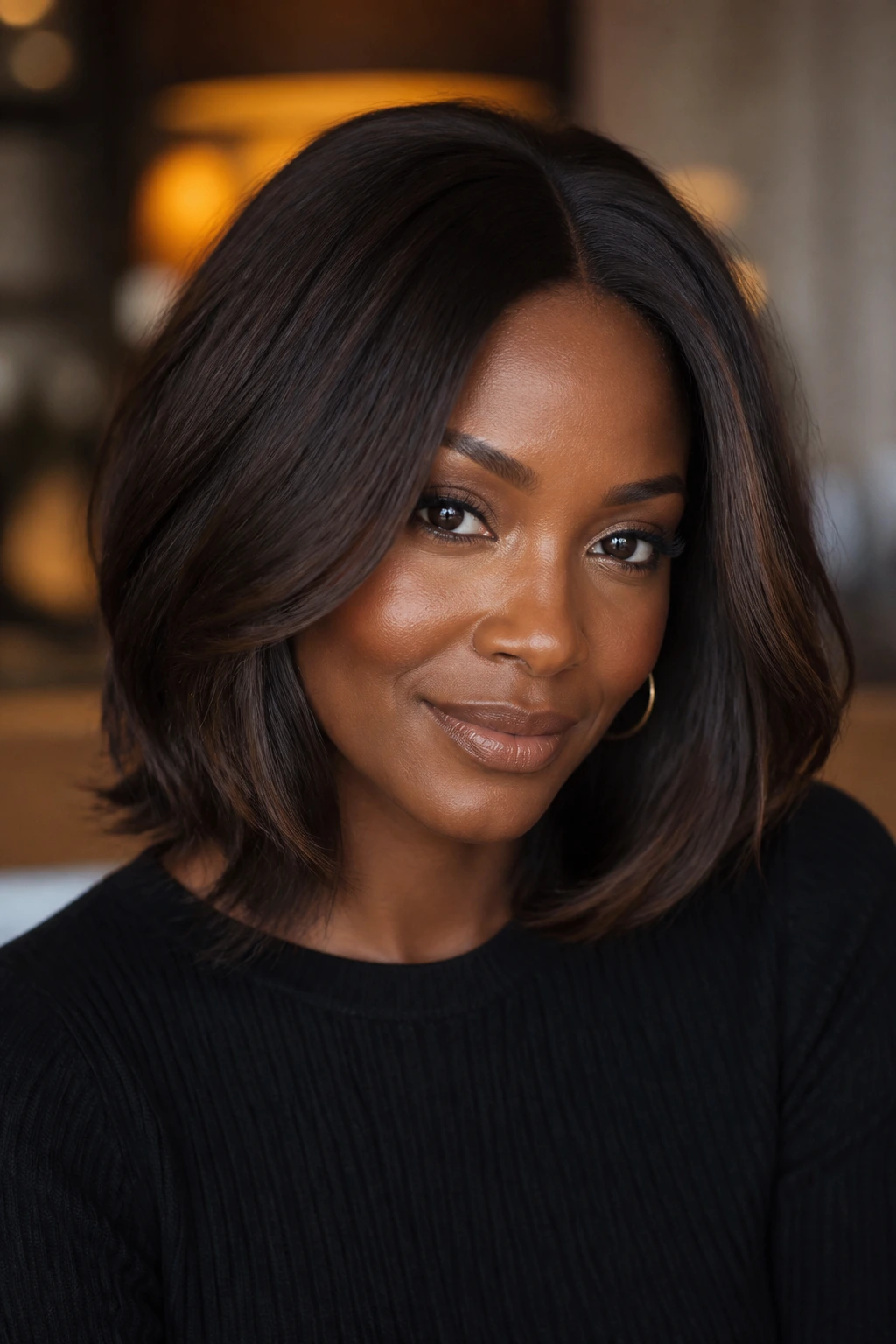 Close-up of a person with espresso layered lob and root shadow