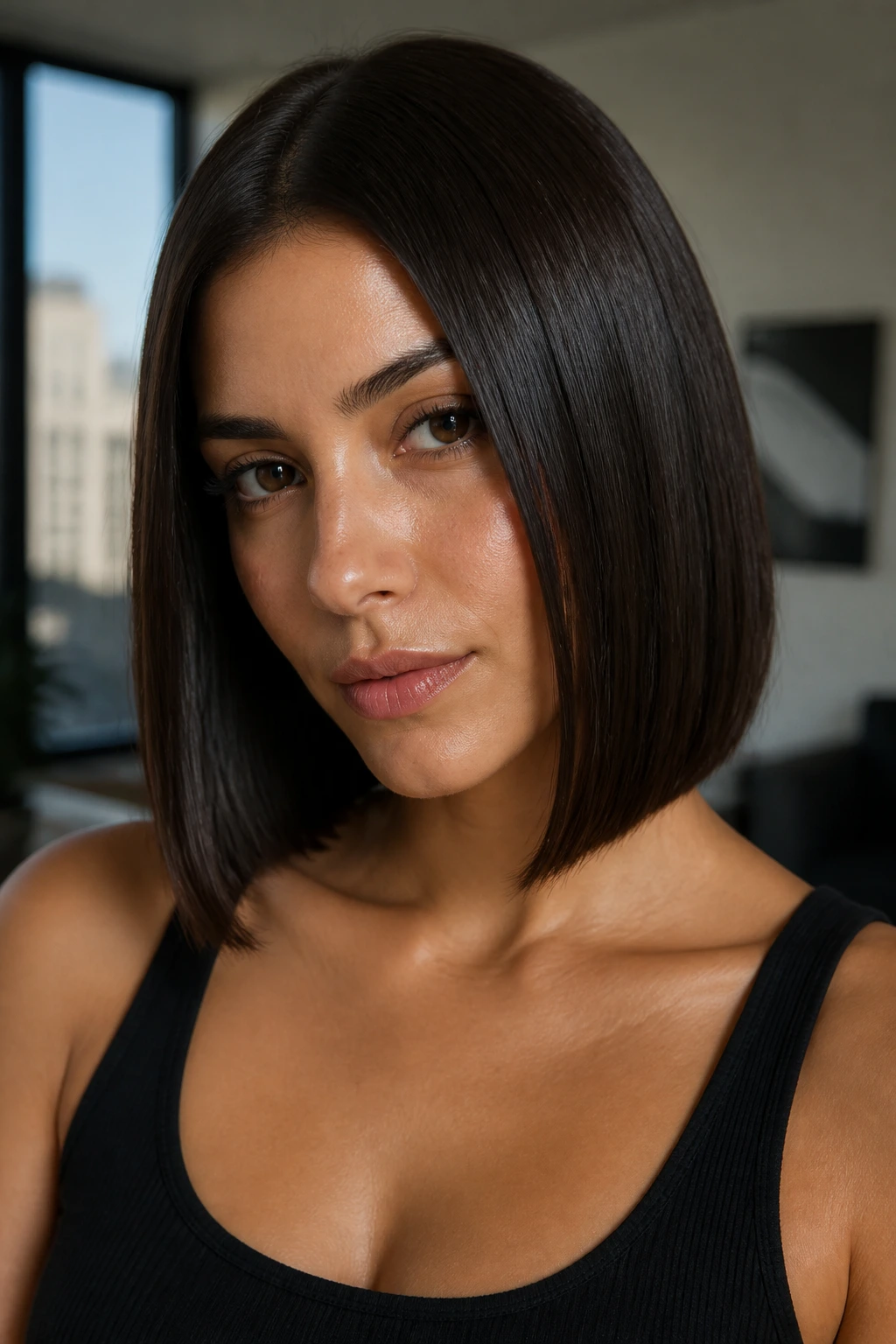Close-up portrait of a real woman with a sleek espresso lob and glossy brown hair