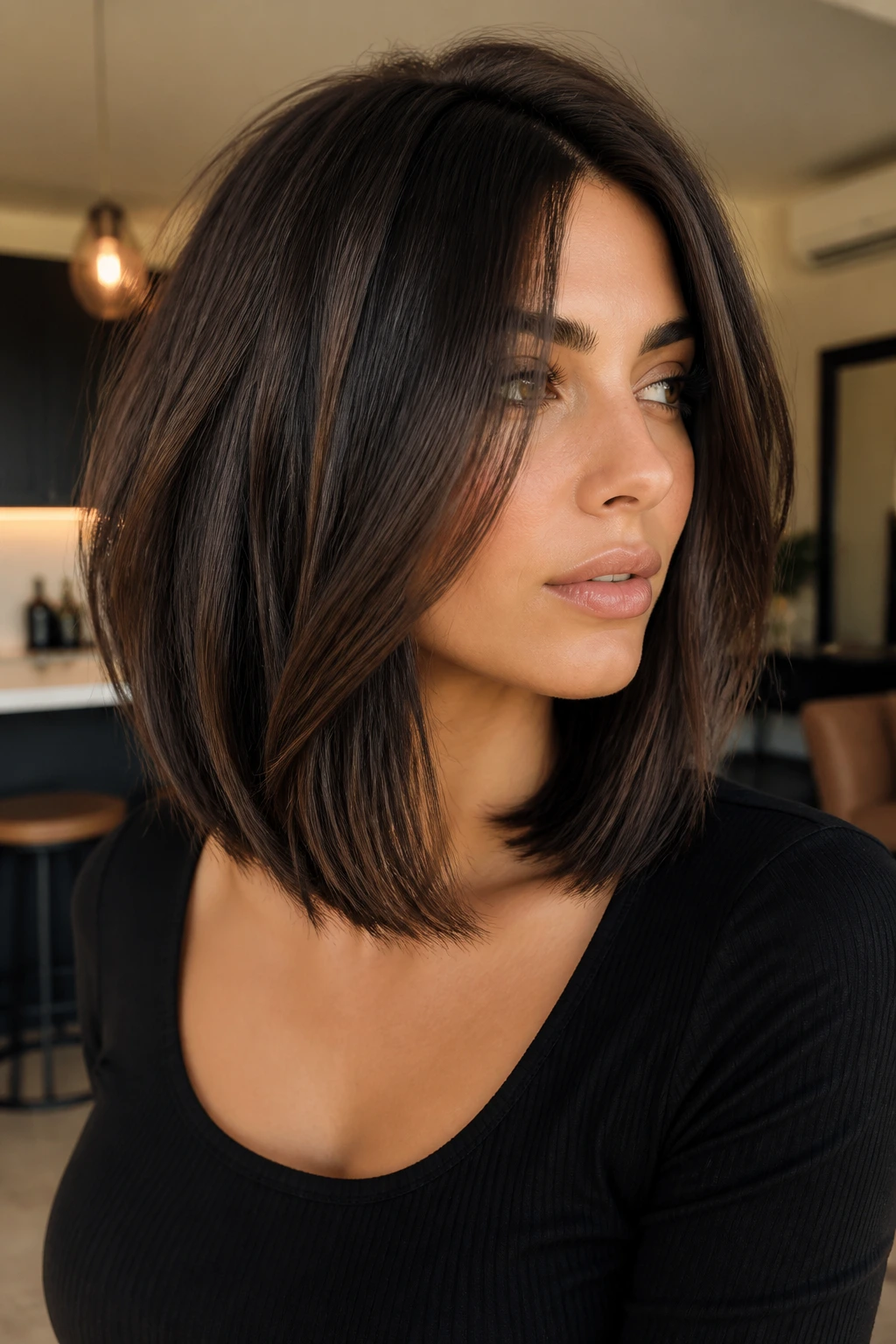 Close-up of real woman with Debulked Espresso Lob showing espresso lowlights