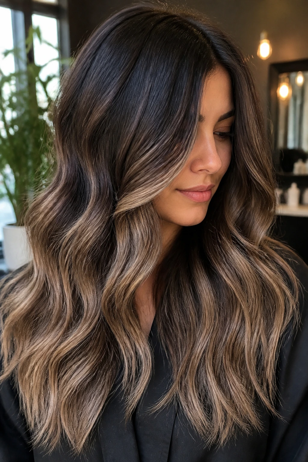 Close-up portrait of a real person with espresso lowlights and warm beige ends on thick hair.