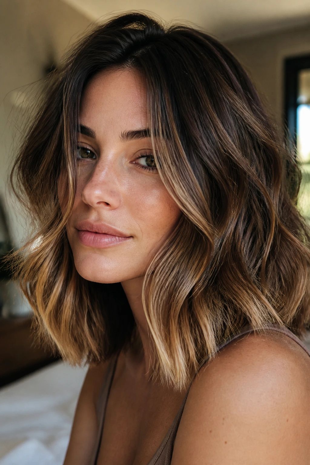 Close-up brunette with espresso lowlights and honey ends, shoulder-length hair, warm lighting