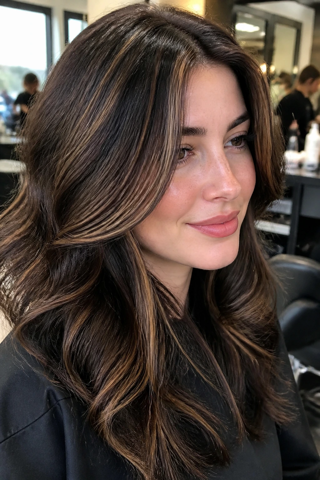 Close-up portrait of a real woman with smoky espresso lowlights and caramel highlights in brunette hair, set in a salon.