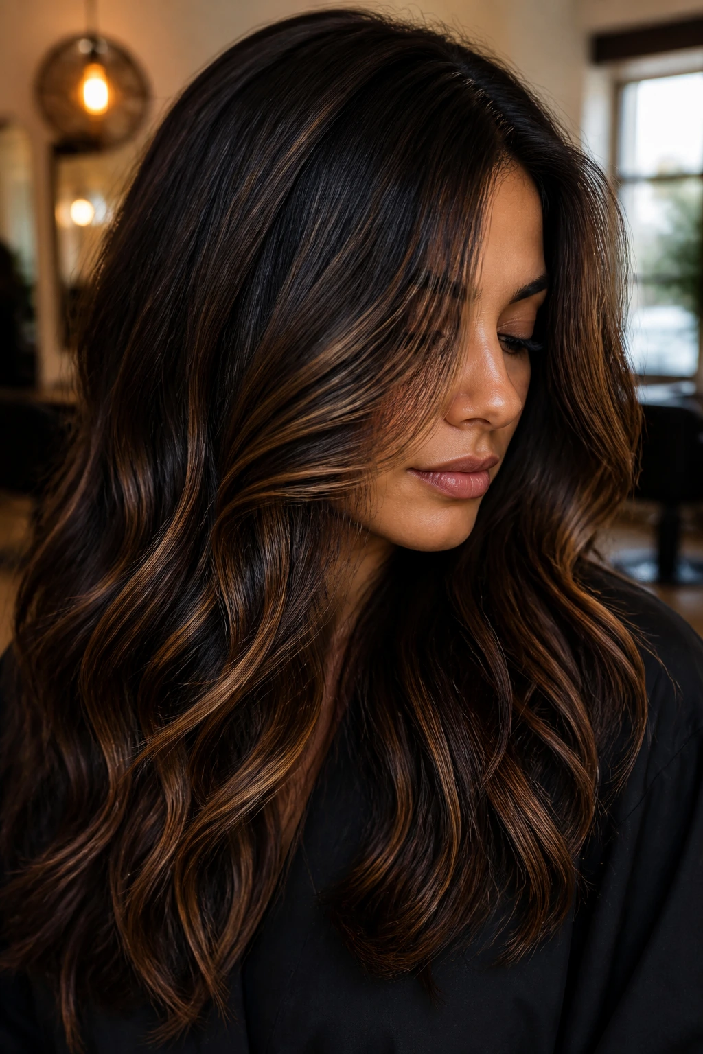 Close-up of hair with espresso lowlights and caramel threads in warm salon light