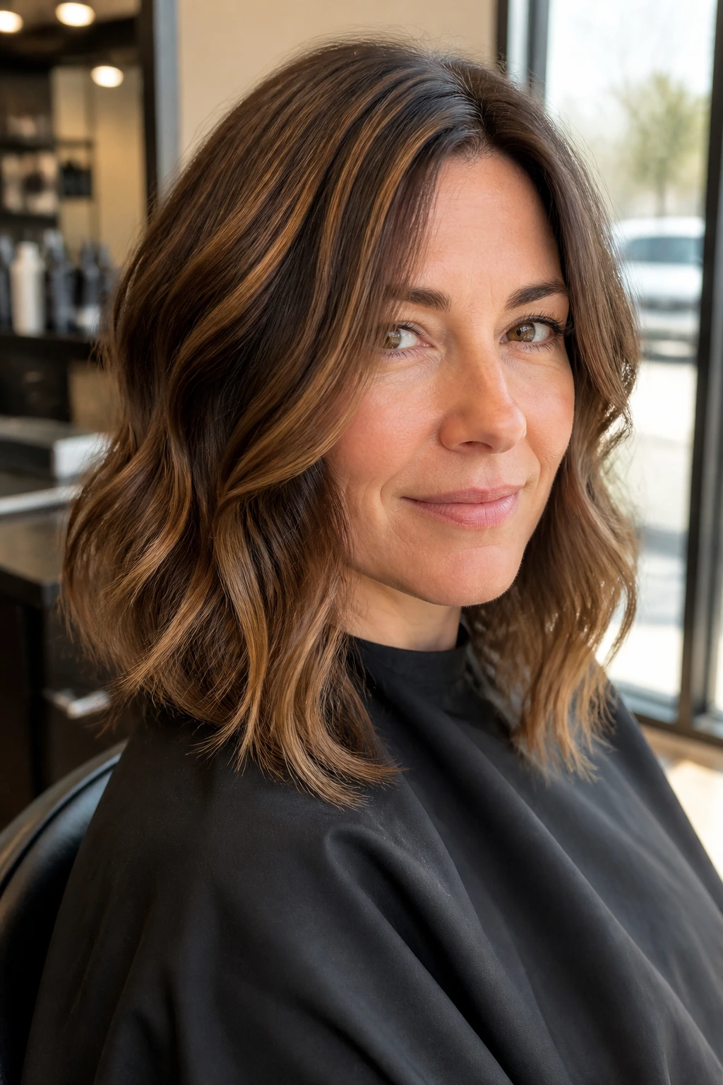Close-up portrait of a real woman with espresso lowlights and caramel threads in hair under natural window light