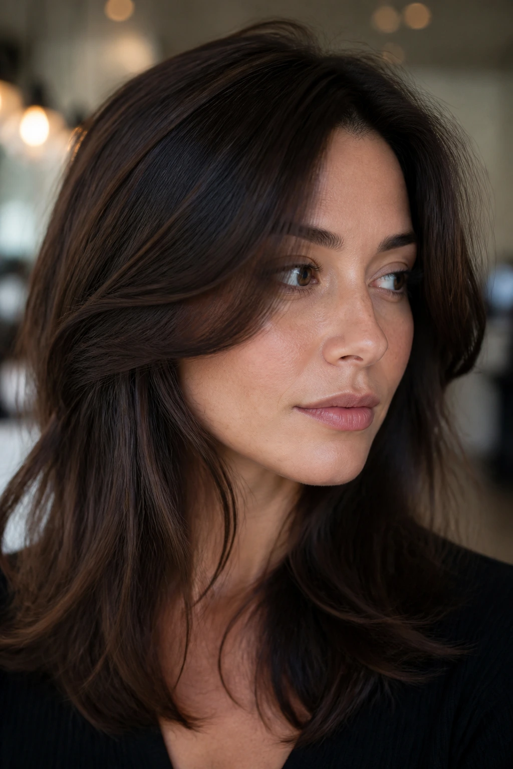 Brunette with smoky espresso lowlights at crown and sides