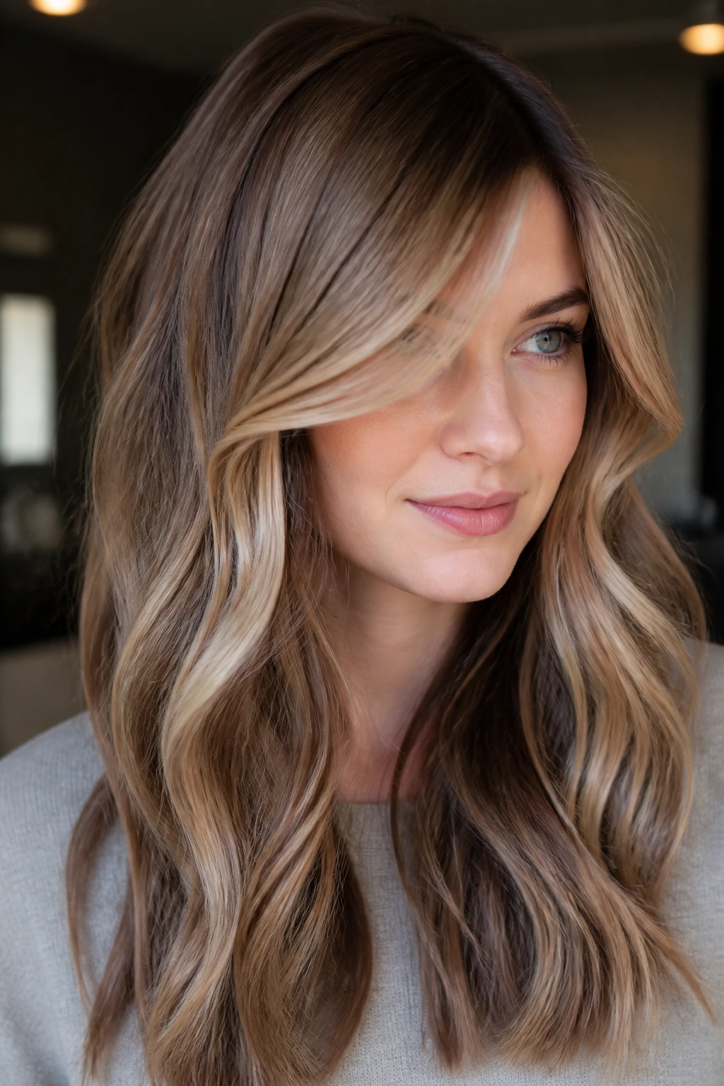 Portrait of a woman with espresso lowlights and dark blonde veil