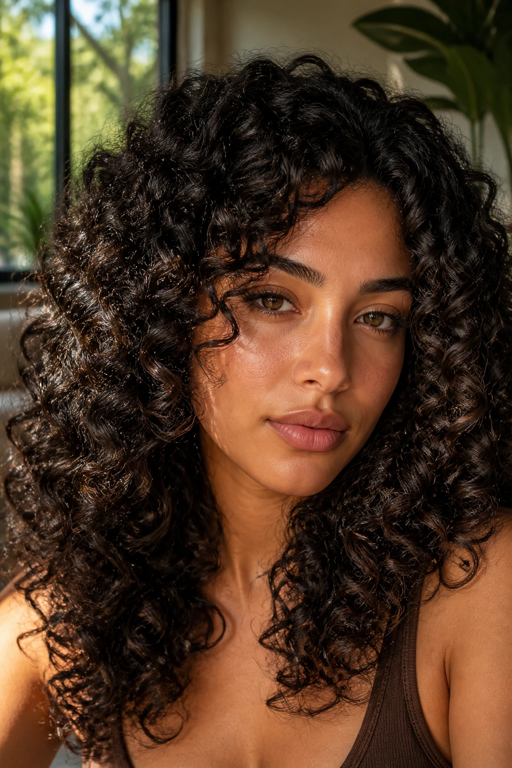 Close-up of deep curls with espresso shadow pieces adding definition