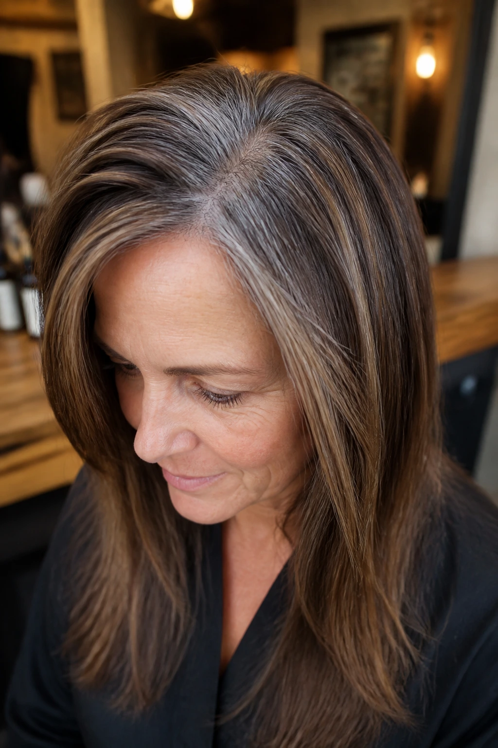 Close-up of a woman with espresso lowlights to break up gray line