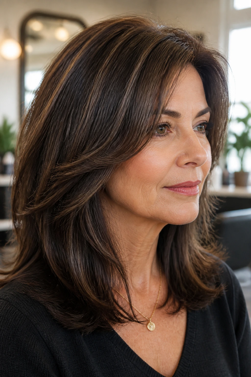 Close-up portrait of a real woman with espresso lowlights in fine hair, natural lighting.