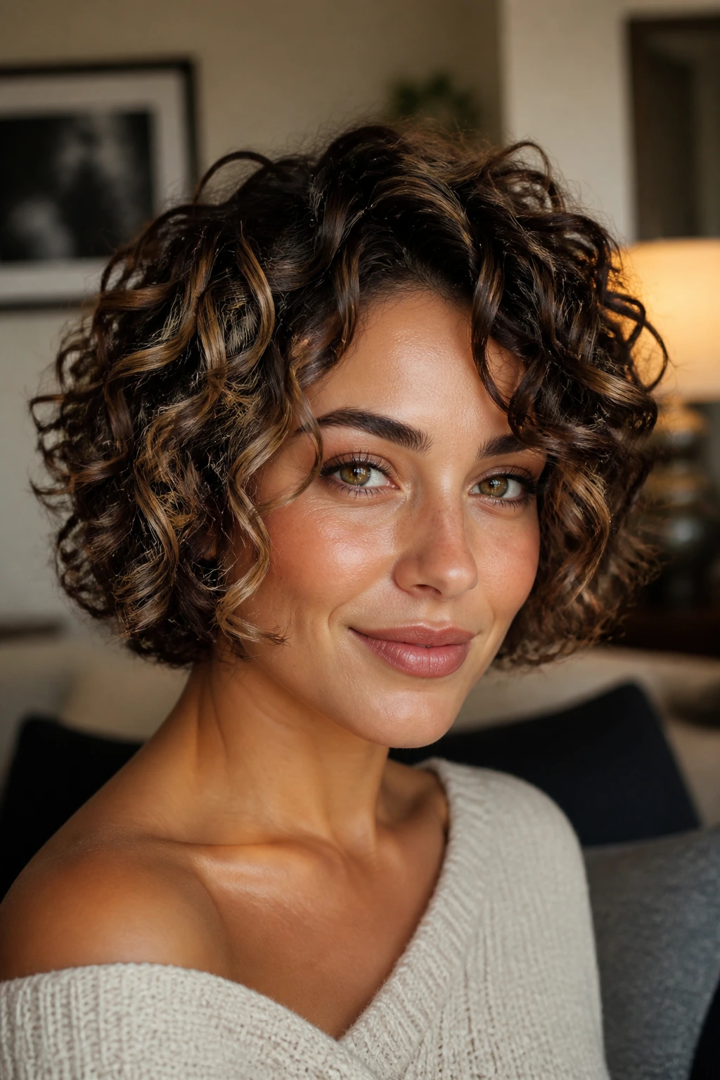 Close-up of a woman with espresso lowlights and light ribbons in a short curly bob
