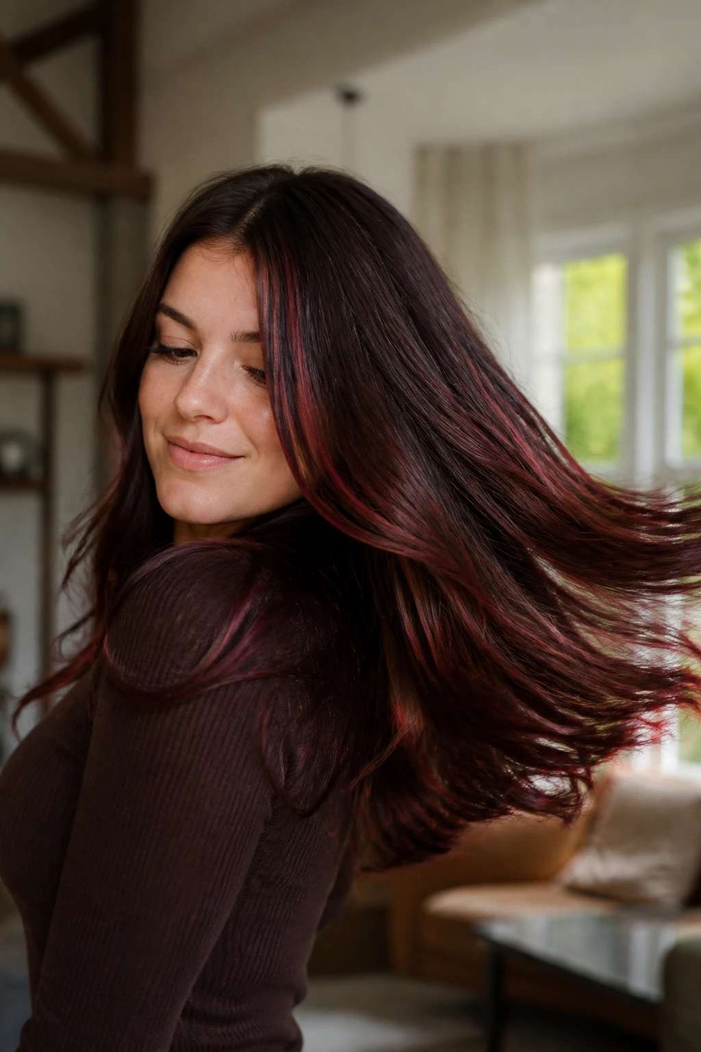 Close-up of brunette with espresso base and mahogany flashlight streaks