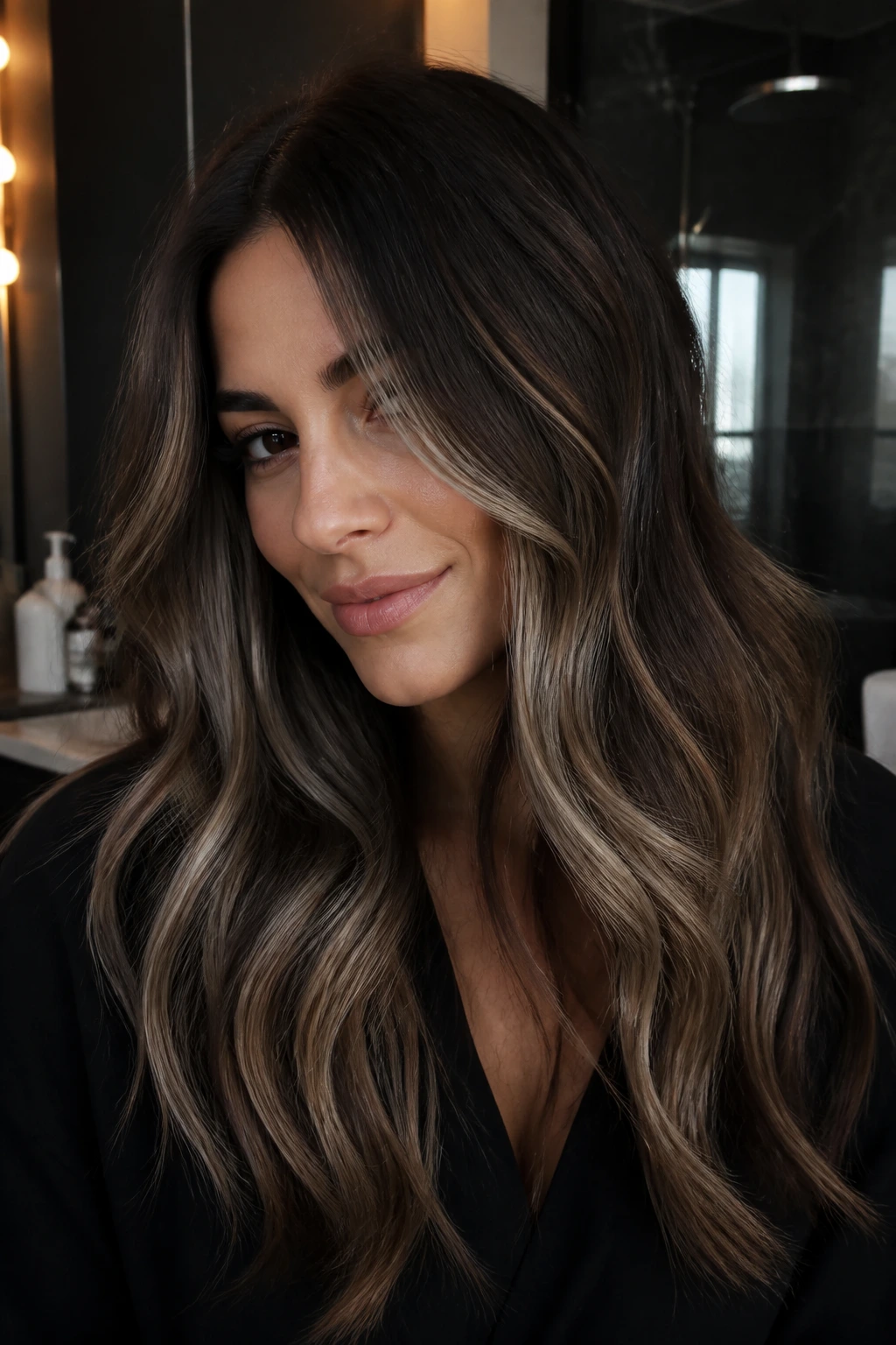 Hair color with espresso and ash blonde tones