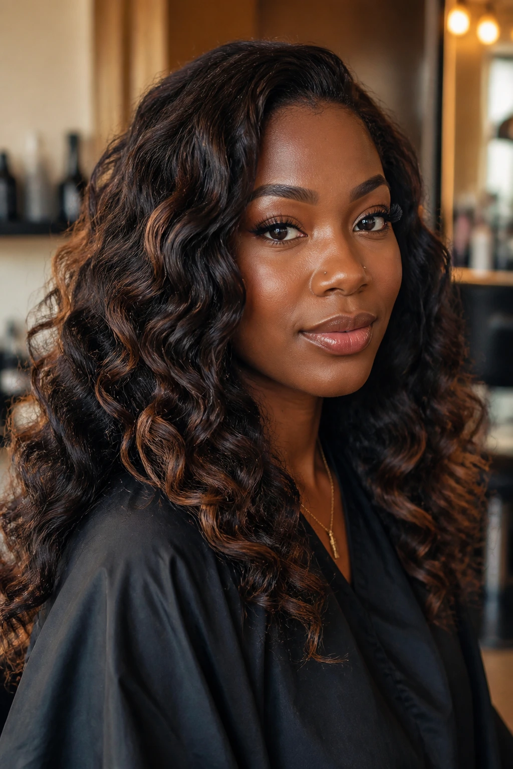 Close-up of a real person with espresso and mocha lowlights in loose curls.