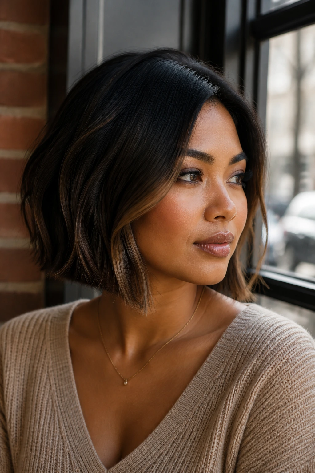 Close-up portrait with Espresso-to-Mocha Ombré Bob on tan skin.