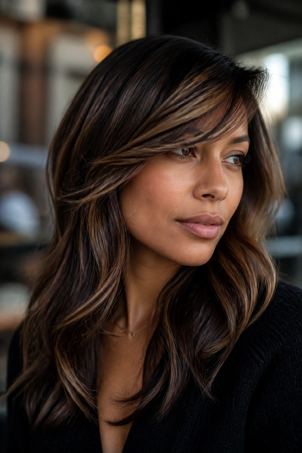Close-up portrait of a real woman with espresso-to-mocha ribbons through side-swept bangs.