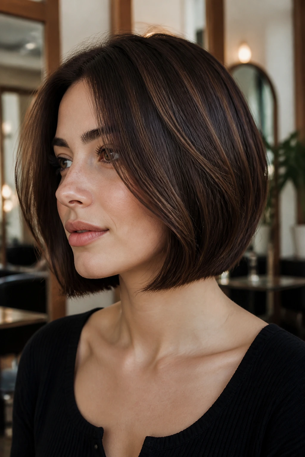 Close-up of a real woman with espresso bob and mocha threading through mid-lengths.