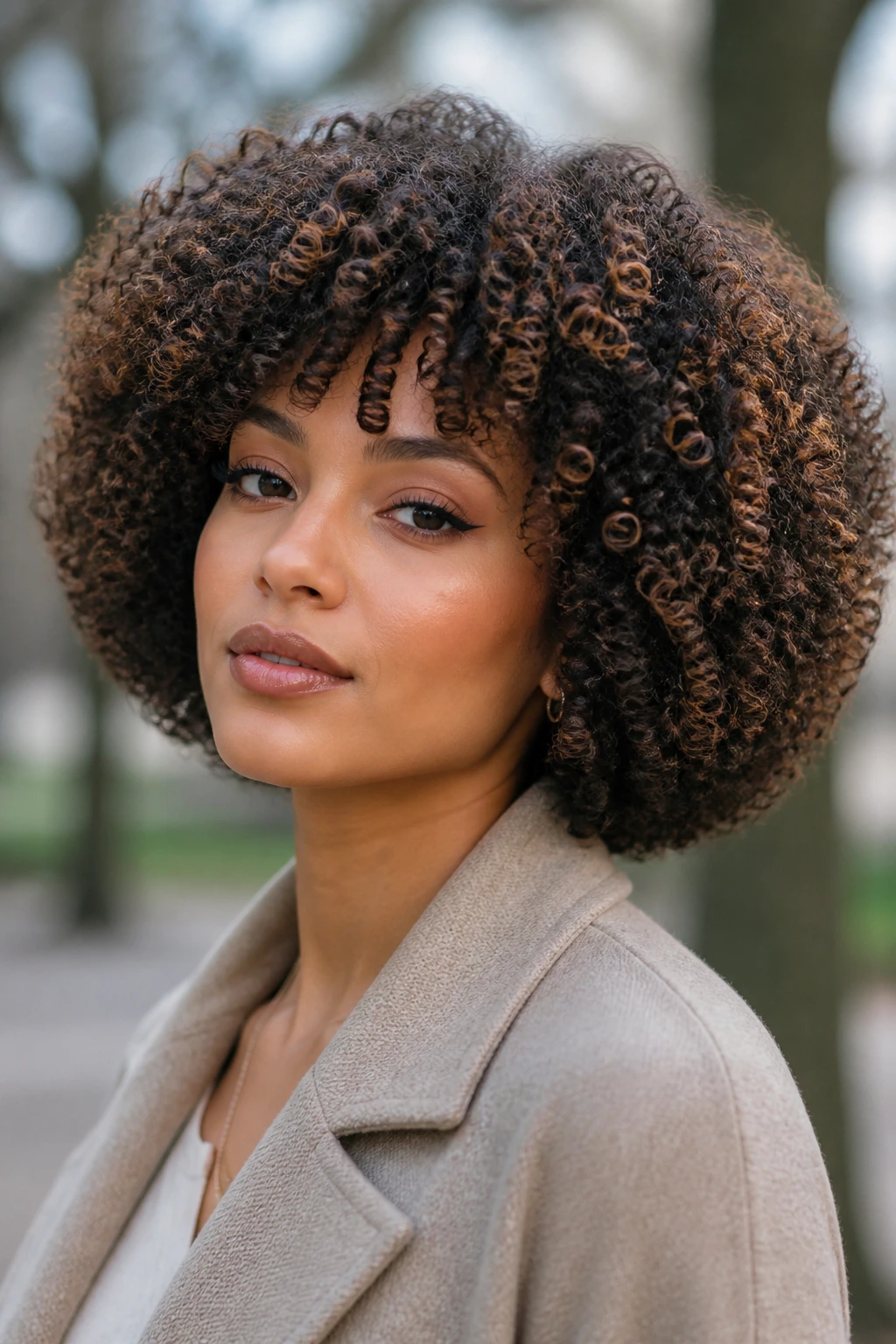 Close-up of a person with a rounded Afro bob featuring espresso panels