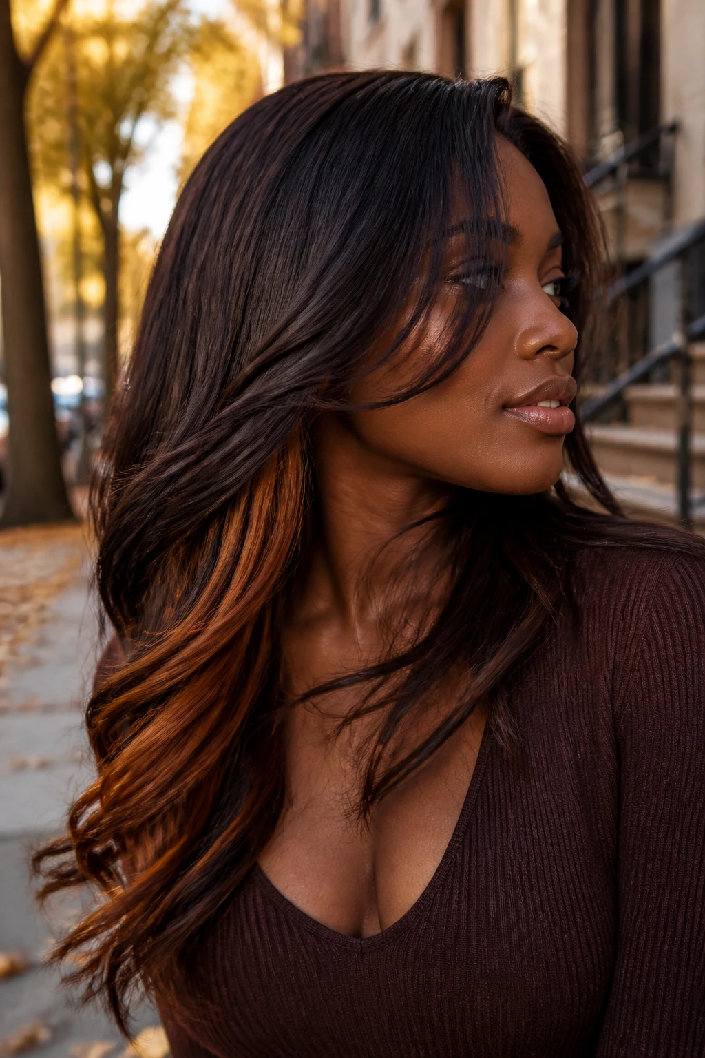 Close-up of a real person showing espresso hair with amber peekaboo underlayers.