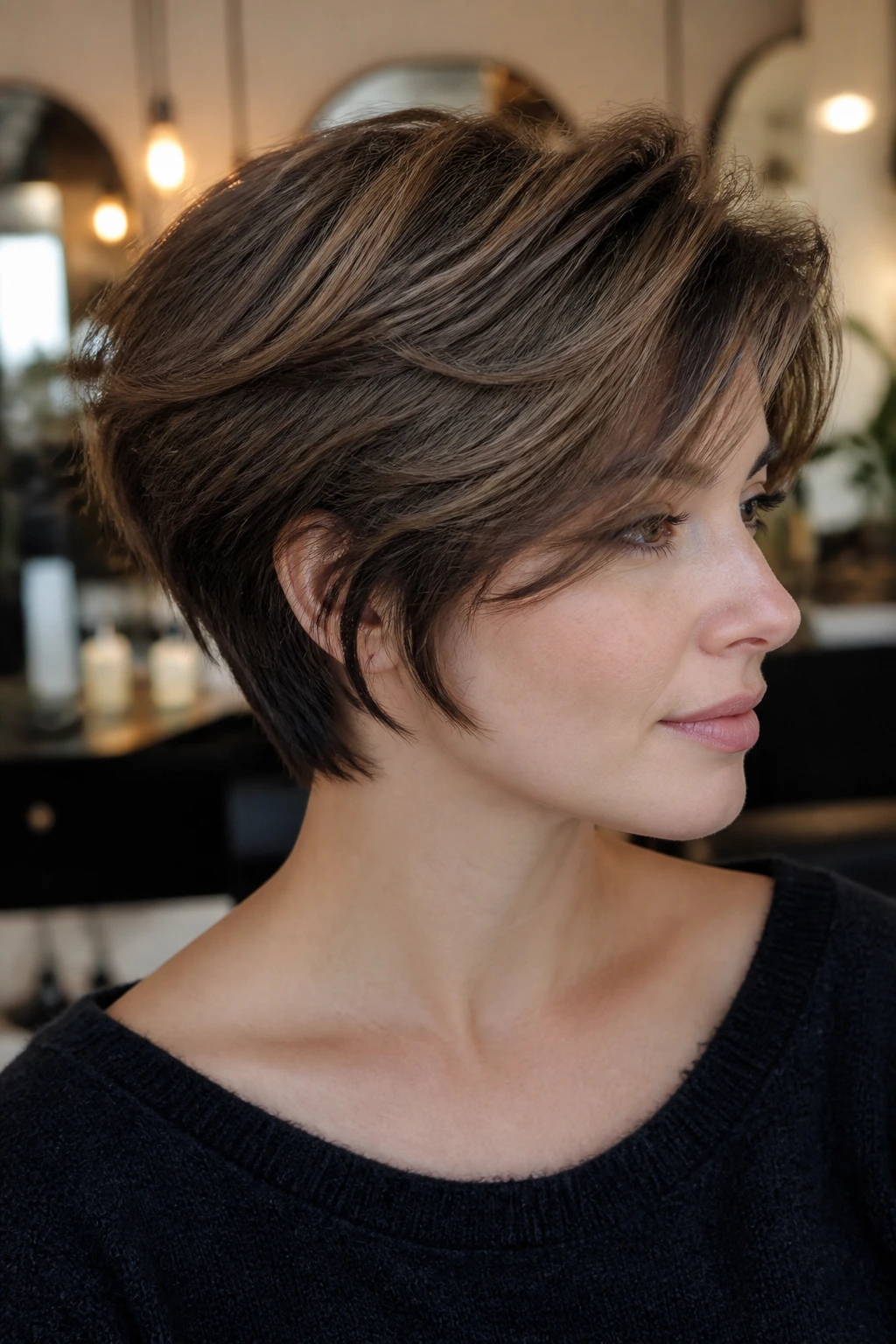 Close-up of short layered crop with espresso peekaboos under the top layer