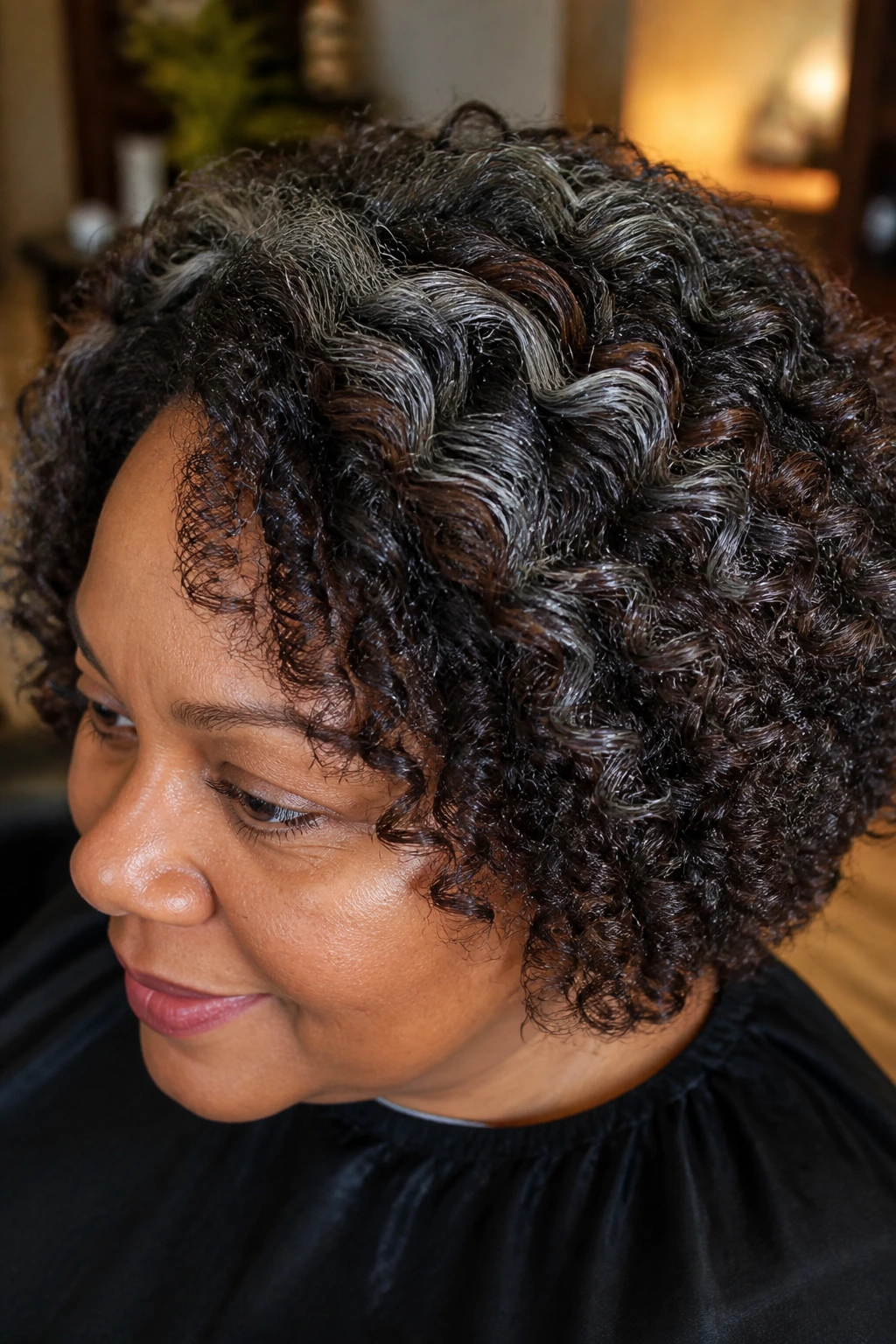 Close-up of a real person with espresso base and pewter ribbons in thick curls