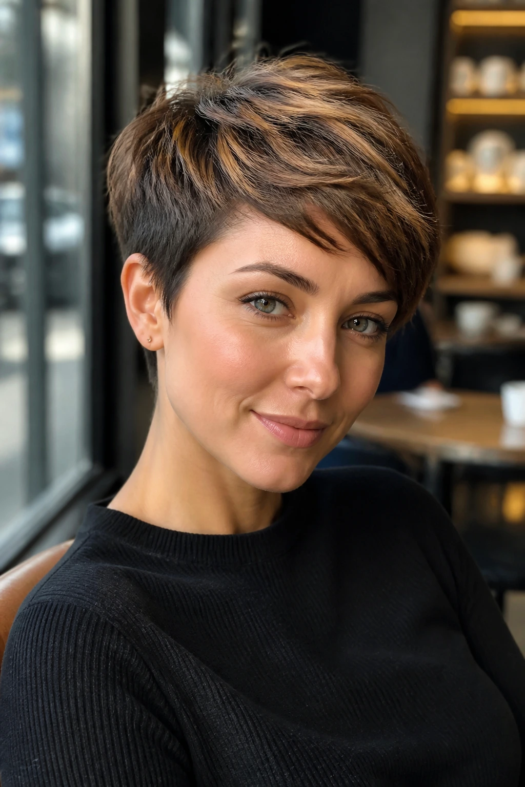 Close-up portrait of a real person with an espresso pixie and caramel crown lightening in a sunlit cafe setting.