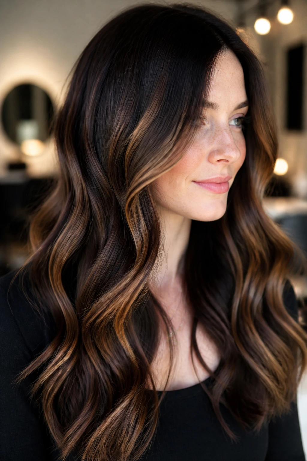 Portrait of a real person with espresso roots and caramel ribbons in soft waves.