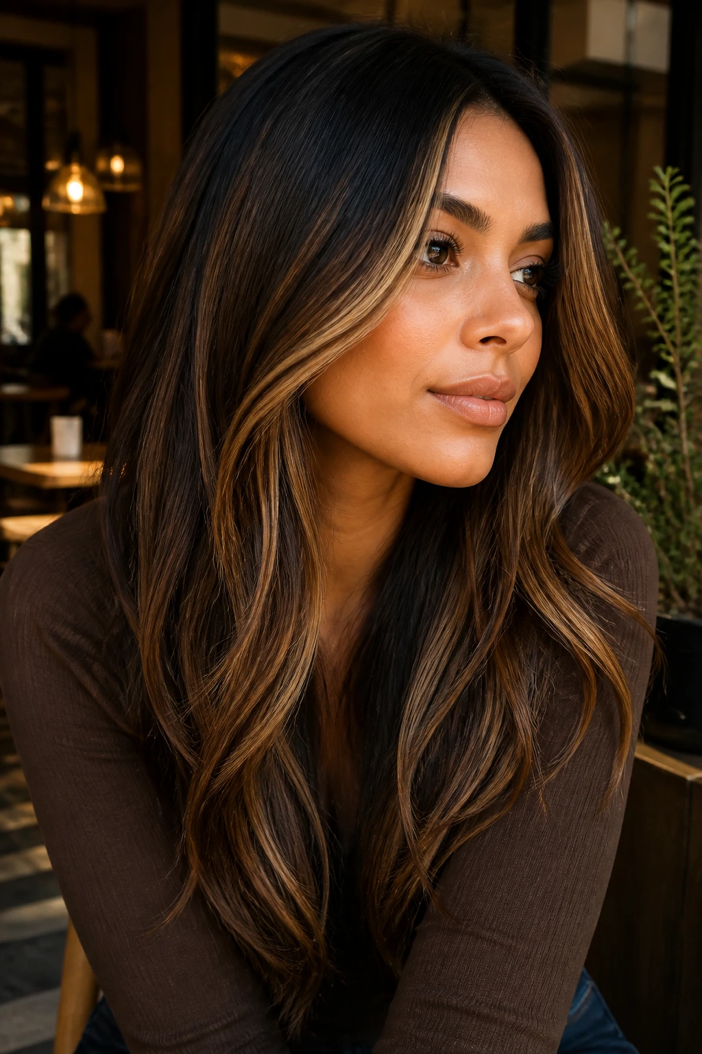 Close-up of a real woman with espresso base and golden caramel ribbons around face