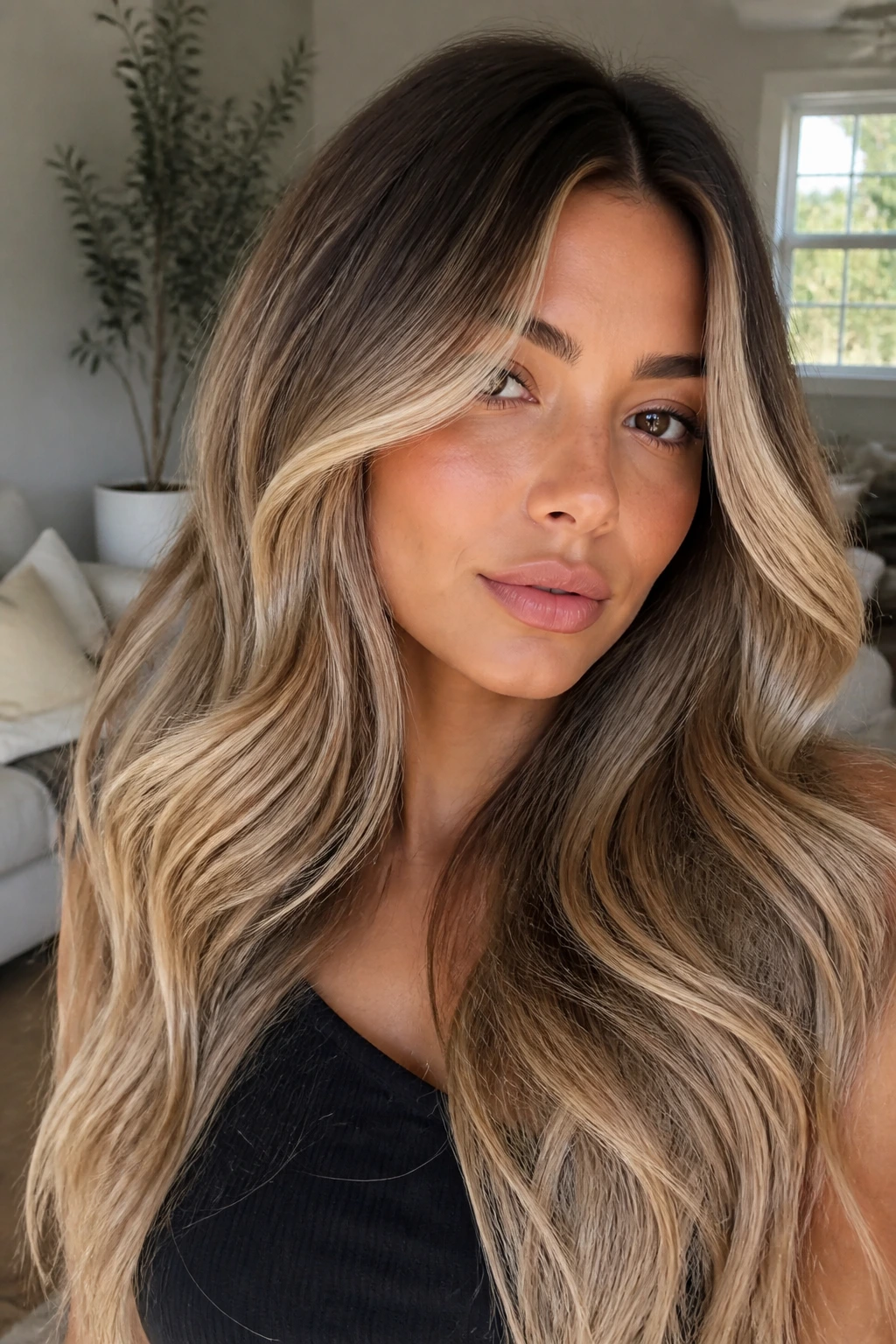 Close-up of a real woman with espresso-root blonde hair