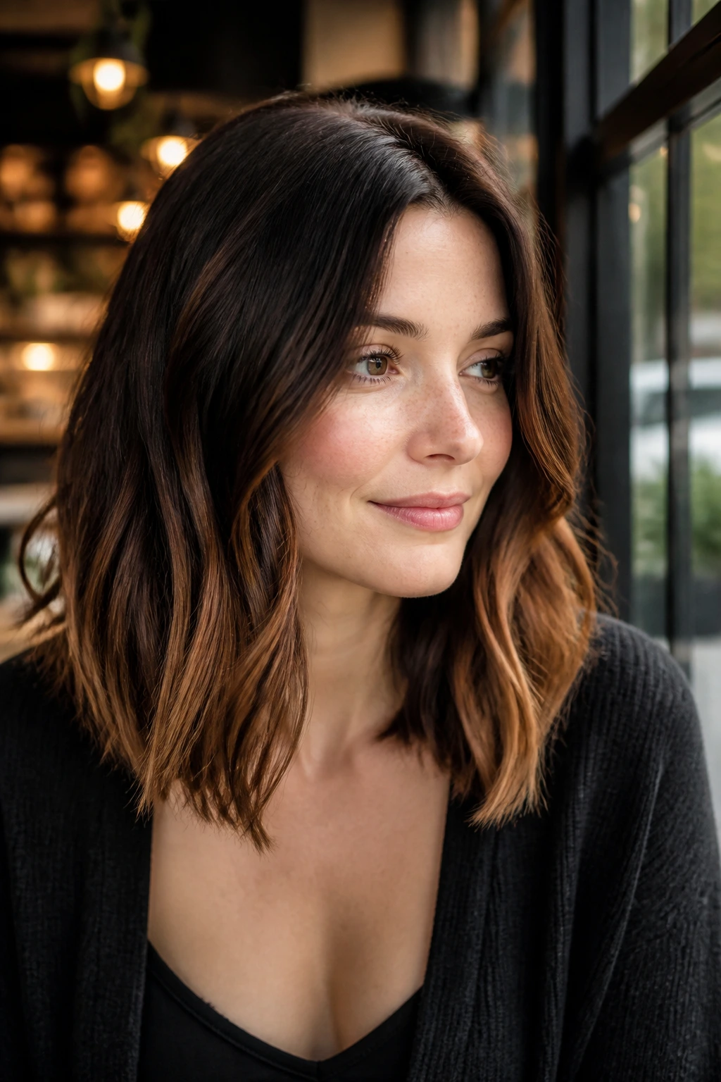 Close-up portrait of a real woman showing an espresso-root chestnut caramel lob with caramel ends.