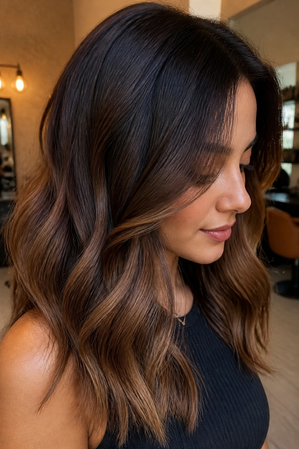Close-up of espresso-root melt into milk chocolate on a real person's hair in salon lighting.