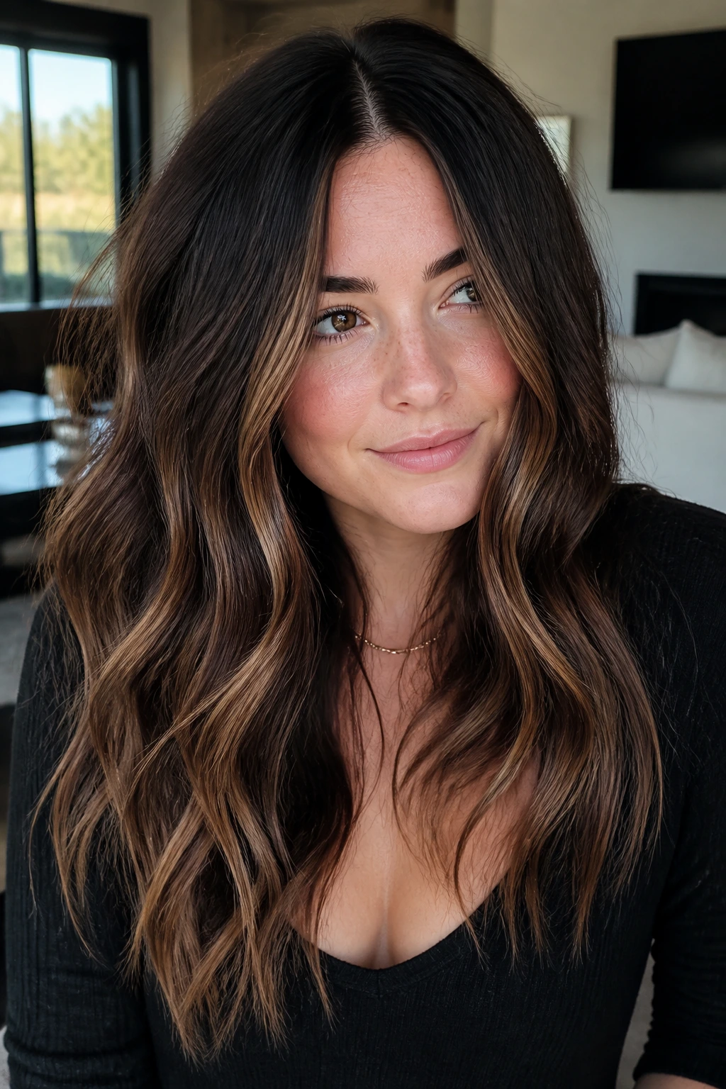 Close-up of espresso-root melt with caramel balayage on fair skin.