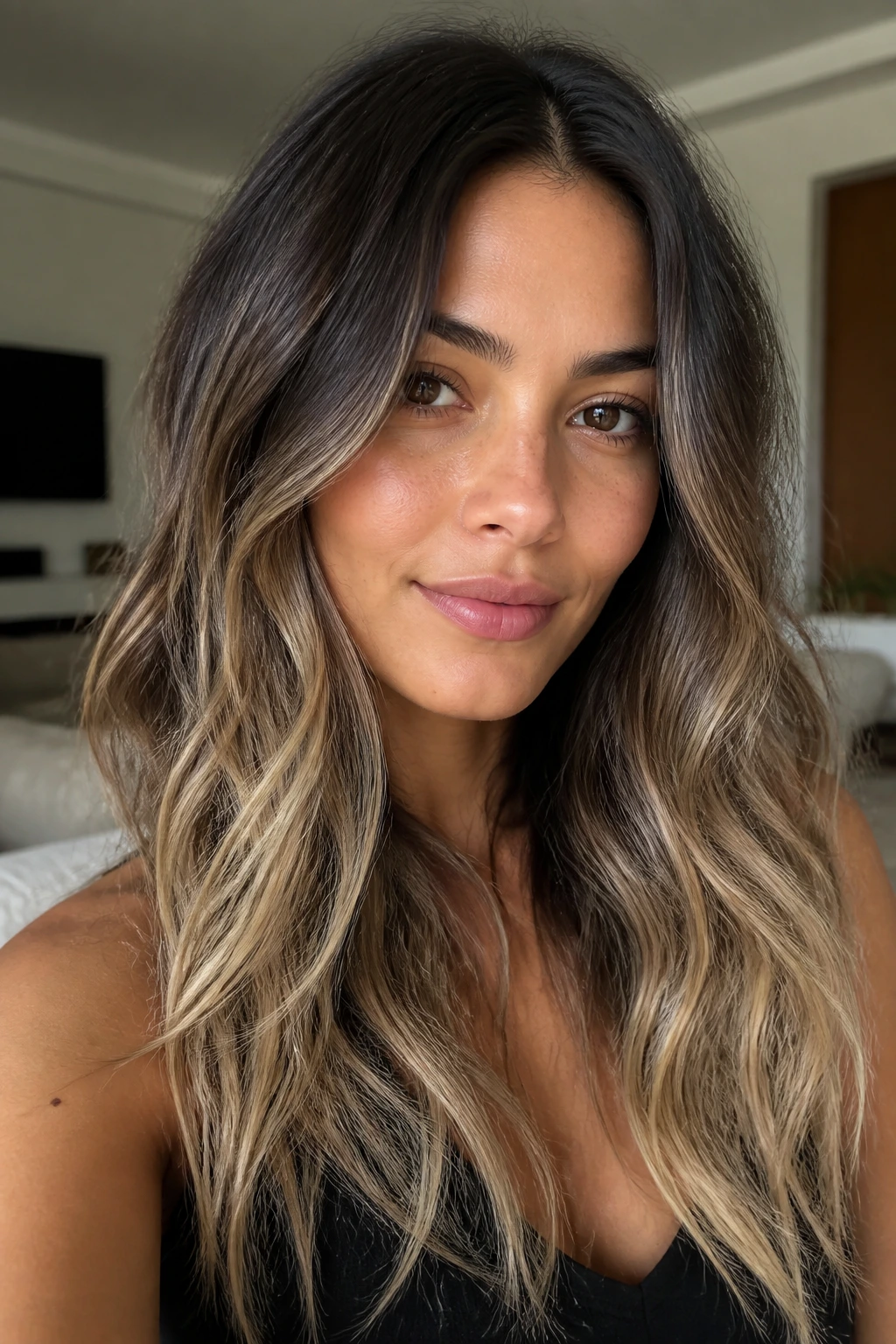 Medium close-up of a person with espresso rooted hair fading to sandy beige ends in soft natural light