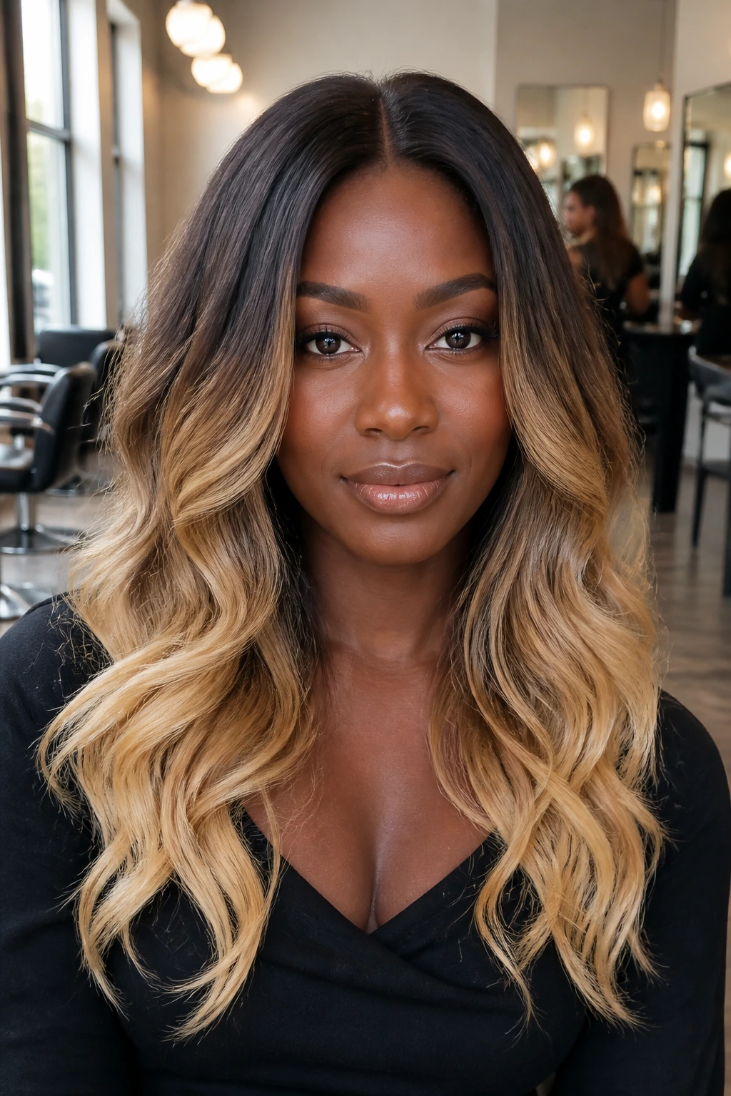 Close-up portrait of a woman with espresso root melt and blonde ends on deep skin.