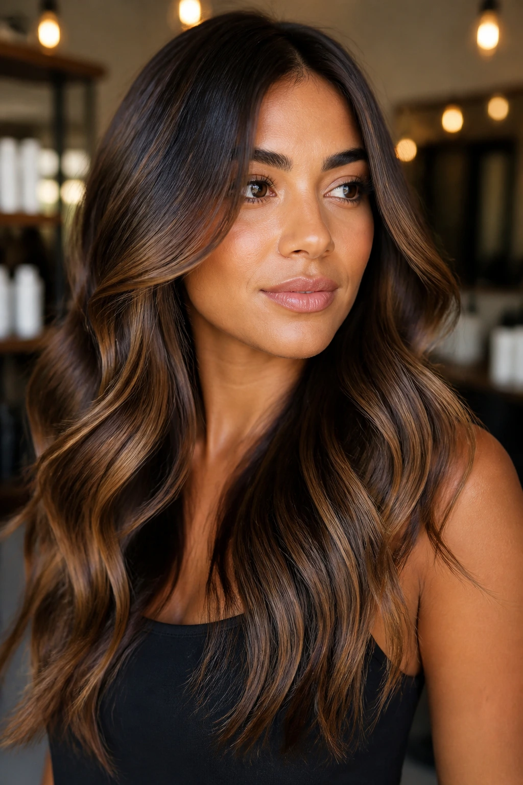Close-up portrait of a person with espresso root melt and caramel veils.