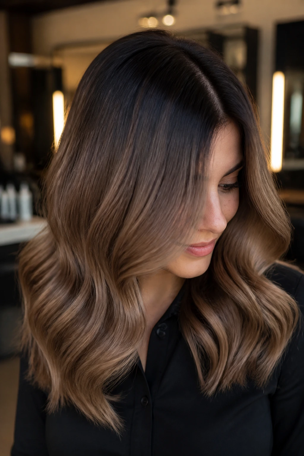 Portrait of real person with espresso root melt and light brown mid-length hair