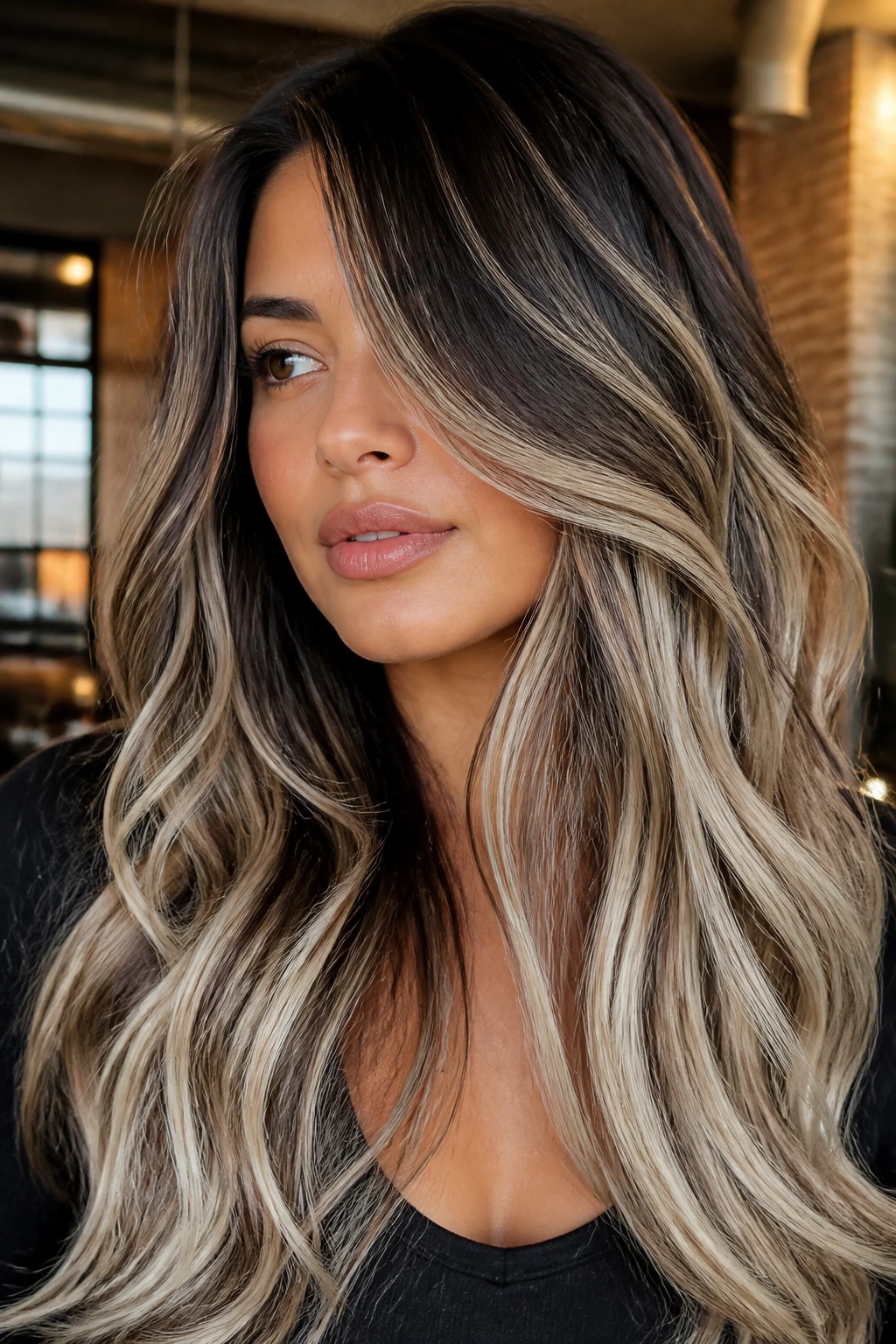 Close-up of espresso-root platinum ribbon ends in layered hair