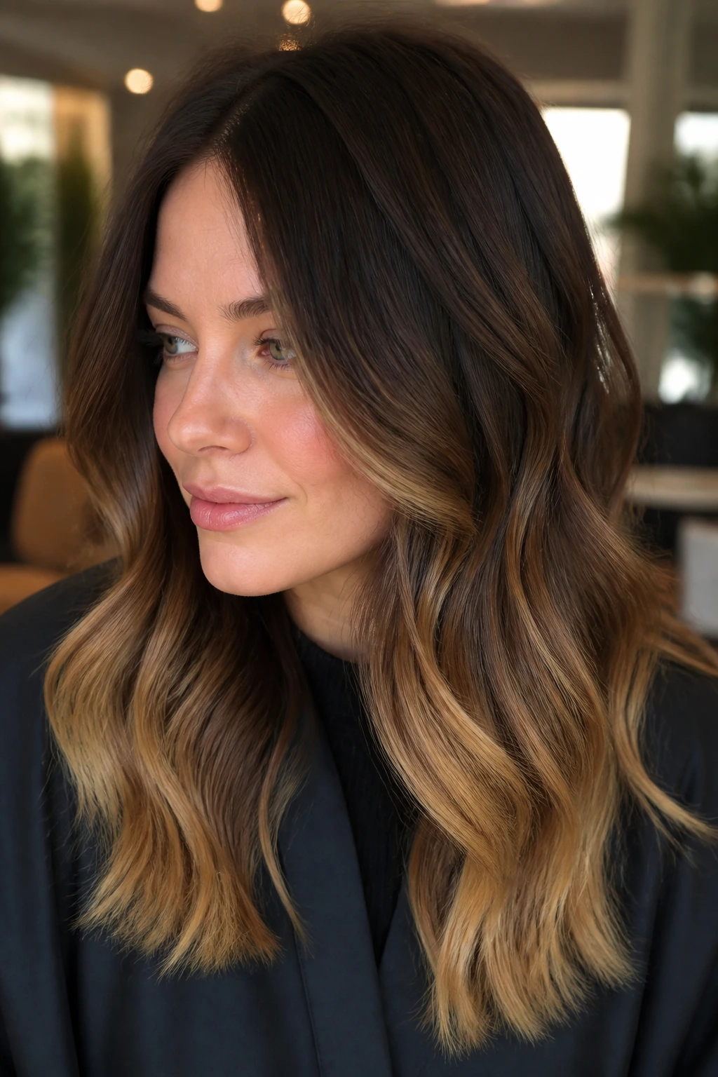 Real woman with espresso root shadow and golden tips.