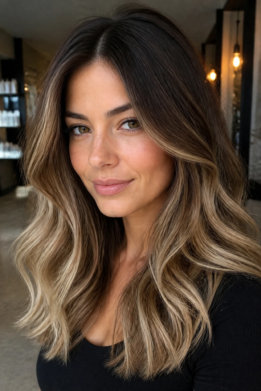 Real woman with espresso root smudge and caramel ends