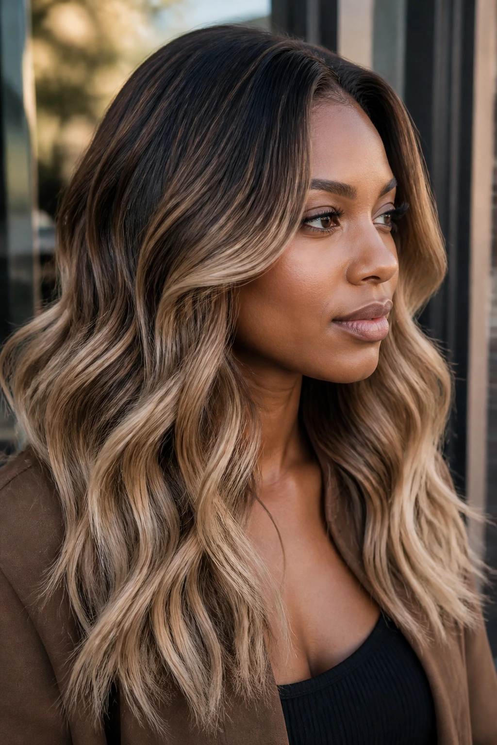 Close-up portrait of a real woman showing espresso roots fading to beige lengths