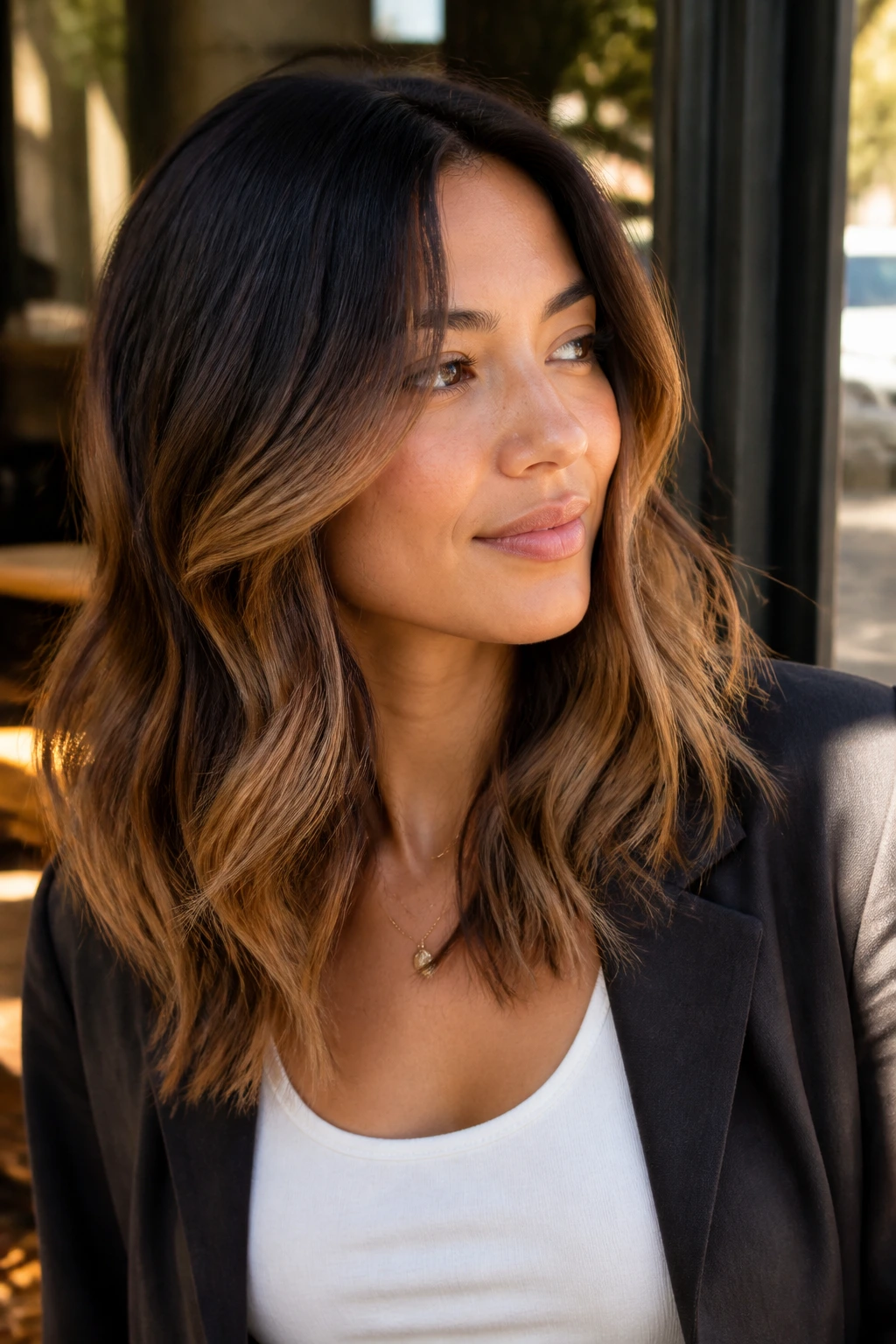 Real woman with espresso-root toffee ombré hair in natural daylight.