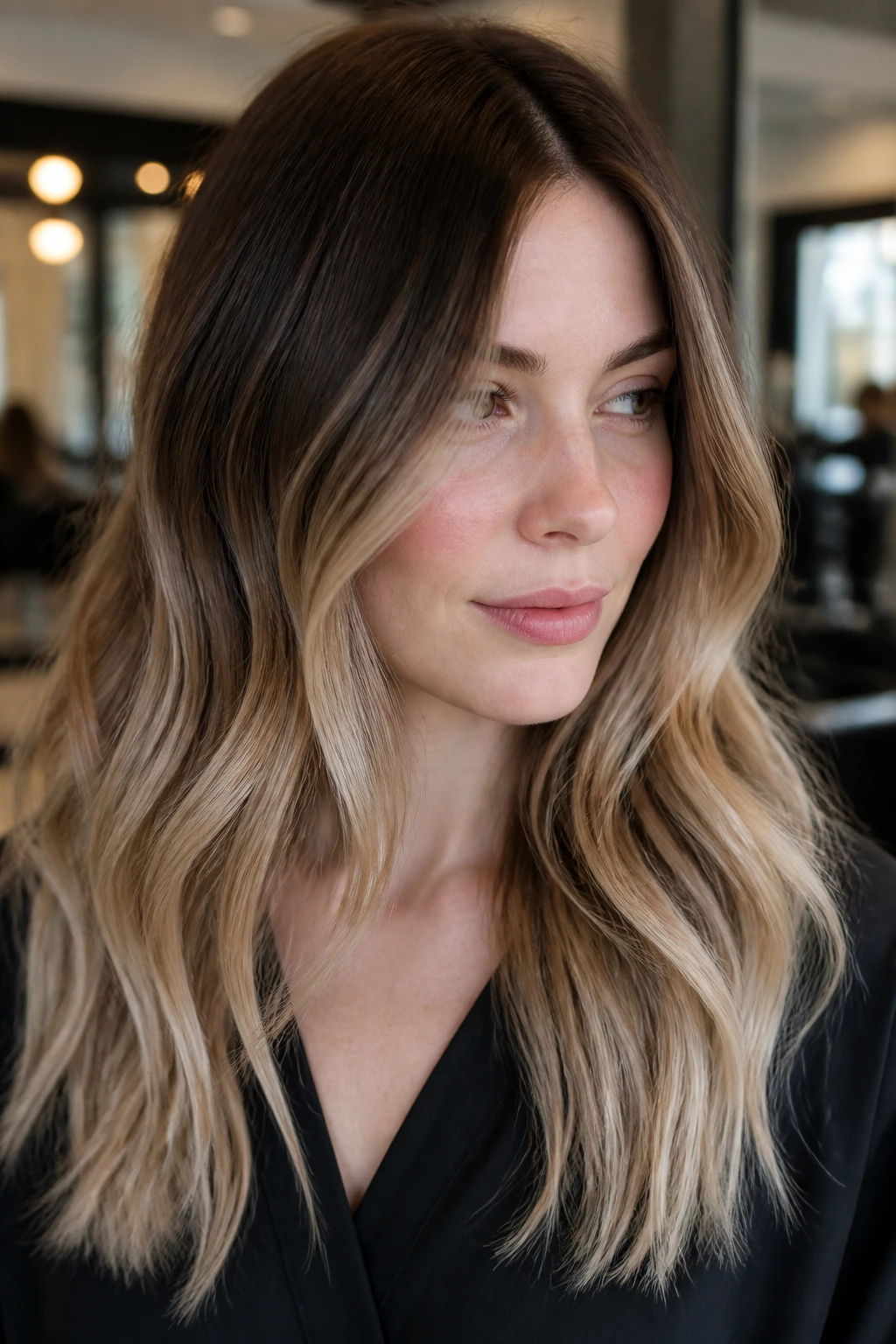 Close-up of a real woman with espresso roots fading to oat-blonde ends in a warm salon setting