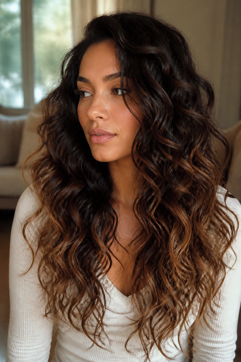 Espresso roots with caramel ends on long curls photographed on a real person.