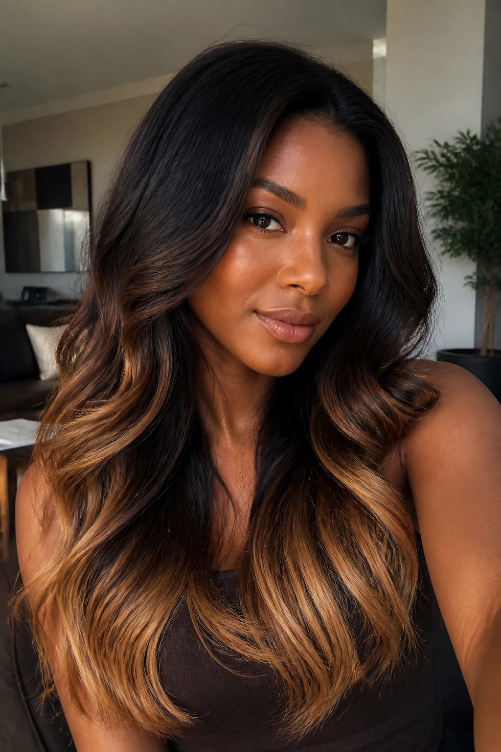 Close-up portrait of deep skin with espresso roots and caramel ends