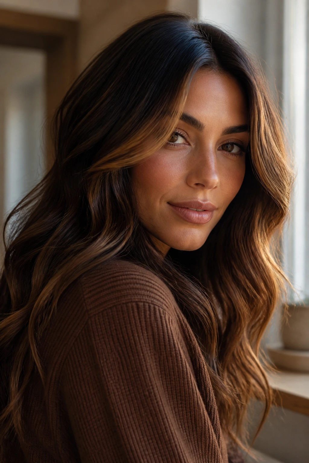 Portrait of a person with espresso roots and caramel veil in warm indoor light