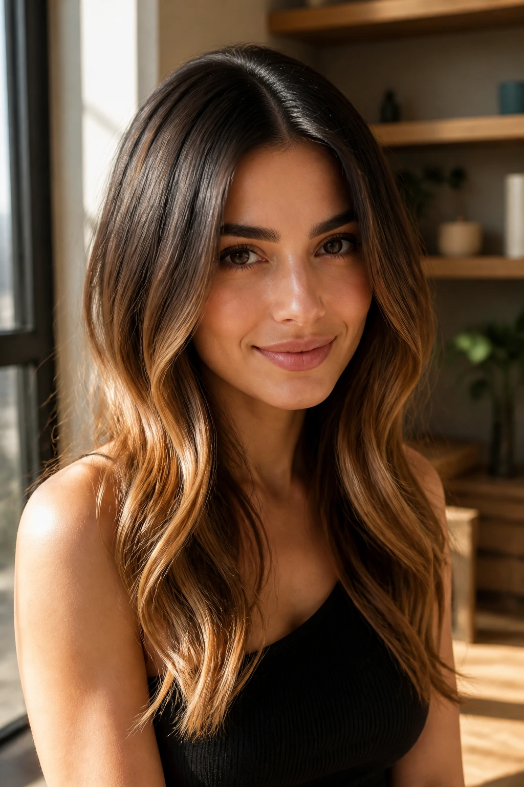 Real woman with espresso roots and honey ends hairstyle
